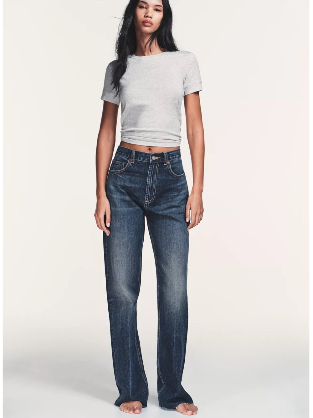 High waisted wide leg full length Dark Wash High-Rise Straight Jeans